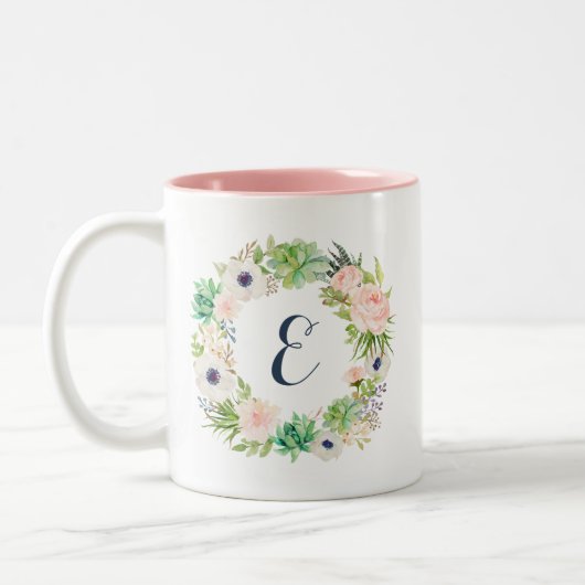 Tasse 2 Couleurs Floral Blush Succulents Cactus Wreath Monogramme (Gauche)