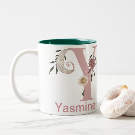 Tasse 2 Couleurs Floral céleste Nom personnalisé Lettre Y Monogramm (Avec donut)