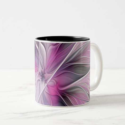 Tasse 2 Couleurs Floral Fractal moderne Fleur Abstraite rose gris (Devant droit)
