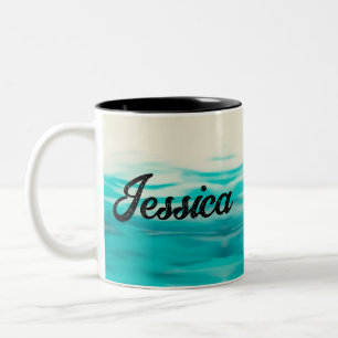Tasse 2 Couleurs Fluid Art Turquoise Wavy Watercolor Nom personnali