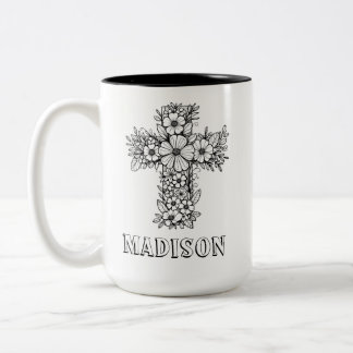 Tasse 2 Couleurs Foi chrétienne Croix florale Nom personnalisé Colo