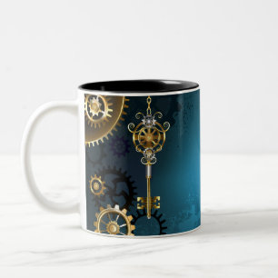 Tasse 2 Couleurs Fond turquoise Steampunk avec engrenages