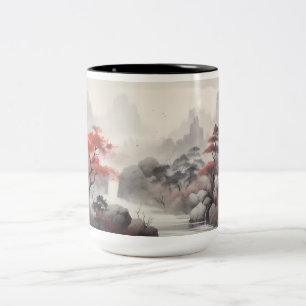 Tasse 2 Couleurs Forêt d'érable et rivière dans la montagne