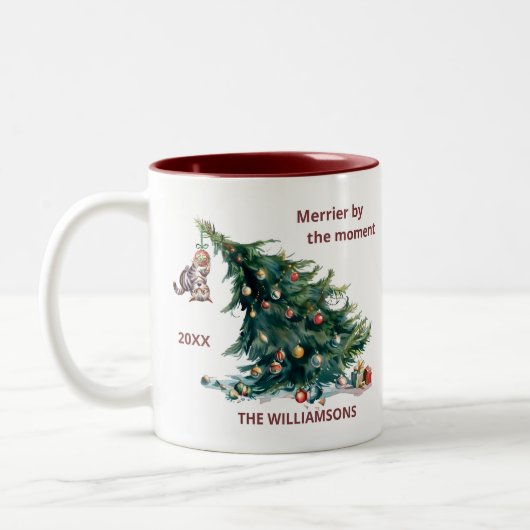 Tasse 2 Couleurs Fun Christmas Tree Dangereux Chat Personnaliser (Gauche)