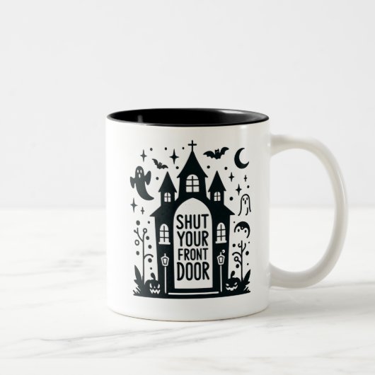 Tasse 2 Couleurs Funny Haunted Castle – “Shut Your Front Door” (Droit)