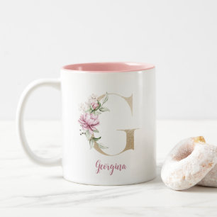 Tasse 2 Couleurs G en lettre dorée, monogramme G, cadeau floral ros