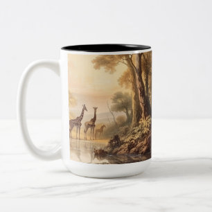 Tasse 2 Couleurs Girafe de la Famille au Coucher de Soleil de la Se