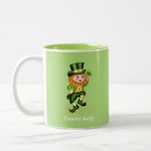 Tasse 2 Couleurs Gnome vert chanceux pour toujours & monogramme sur