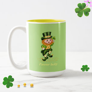 Tasse 2 Couleurs Gnome vert chanceux pour toujours & monogramme sur