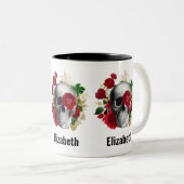 Tasse 2 Couleurs Goth Crâne avec Fleurs rouges et Feuilles d'or (Devant droit)
