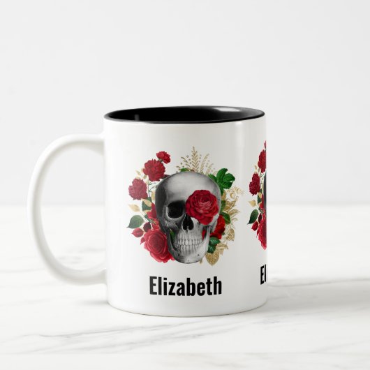 Tasse 2 Couleurs Goth Crâne avec Fleurs rouges et Feuilles d'or (Gauche)