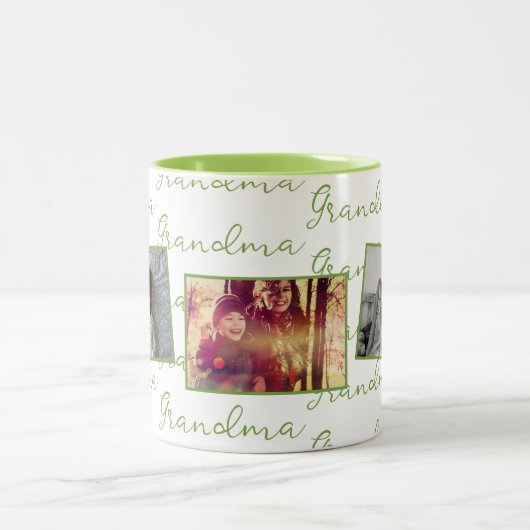 Tasse 2 Couleurs Grandma Green Script avec photos personnalisées (Centre)
