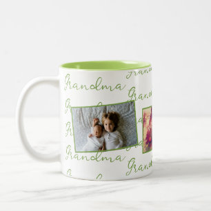 Tasse 2 Couleurs Grandma Green Script avec photos personnalisées