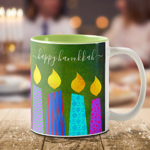 Tasse 2 Couleurs Gras Menorah bougies joyeuses Hanoukka Script vert