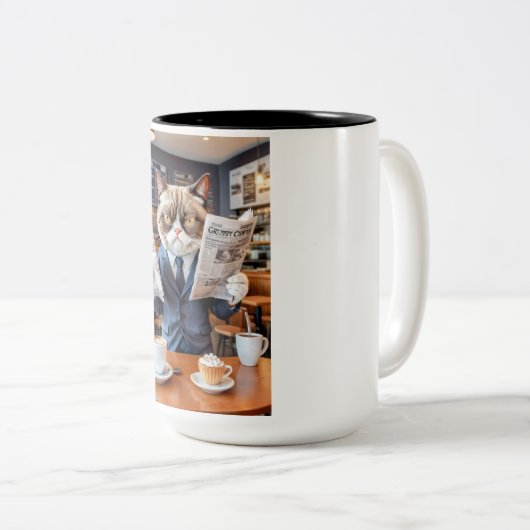 Tasse 2 Couleurs Grumpy Office Chat au café (Devant droit)
