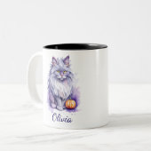 Tasse 2 Couleurs Halloween aquarelle angora chat avec citrouille (Devant gauche)