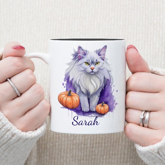 Tasse 2 Couleurs Halloween aquarelle angora chat avec citrouille