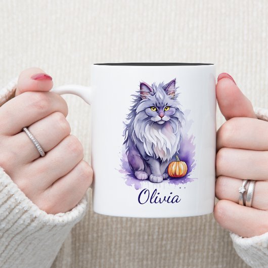 Tasse 2 Couleurs Halloween aquarelle angora chat avec citrouille