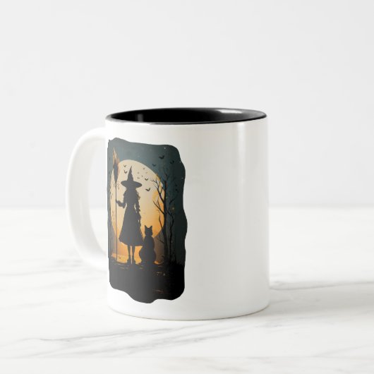Tasse 2 Couleurs Halloween éffrayante sorcière chatte brillant lune (Devant gauche)