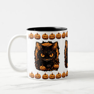 Tasse 2 Couleurs Halloween envoûtant : Chat noir parmi les Citrouil