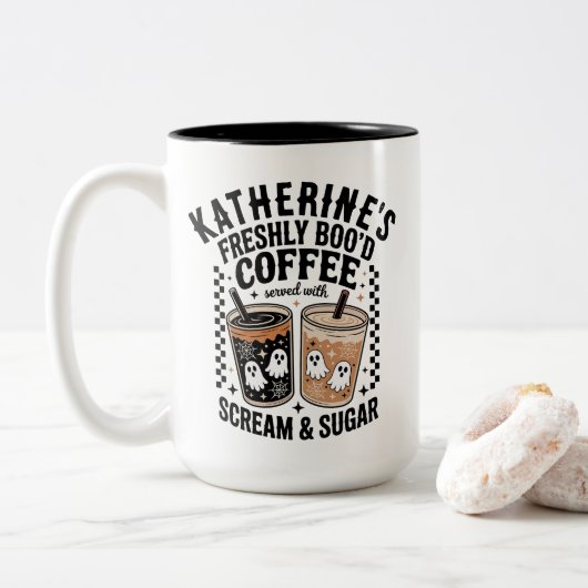 Tasse 2 Couleurs Halloween Ghost Freshly Boo'd Café Custom (Avec donut)