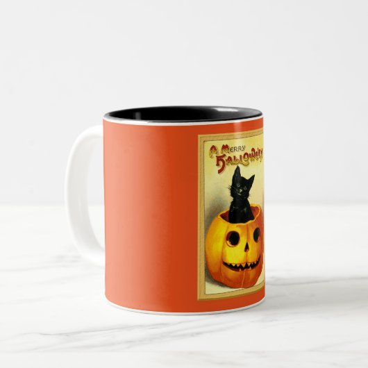 Tasse 2 Couleurs Halloween Kitty assis à Jack-o'-lantern (Devant gauche)