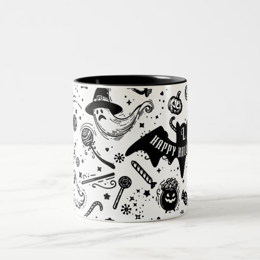 Tasse 2 Couleurs Halloween Lineart Noir Et Blanc (Centre)