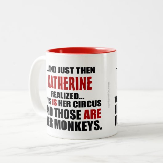 Tasse 2 Couleurs (Hers) Drôle singes de cirque personnalisés (Devant gauche)