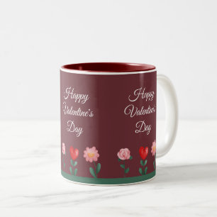 Tasse 2 Couleurs Heureuse Sainte-Valentin fleurs écriture bordeaux