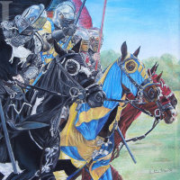 historic medieval knights jousting on horses