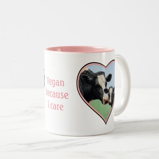 Tasse 2 Couleurs Holstein Vache et veau Coeur rose Végétan (Devant droit)