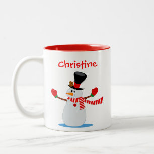 Tasse 2 Couleurs Illustration de Snowman personnalisée en rouge et 