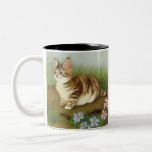 Tasse 2 Couleurs Illustration vintage Kitten avec fleurs