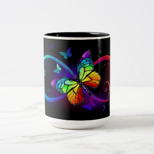 Tasse 2 Couleurs Infini vibrant avec papillon arc-en-ciel sur noir