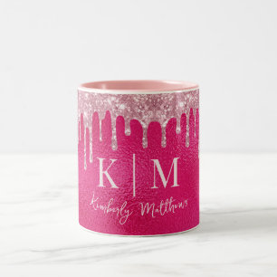 Tasse 2 Couleurs Initiales de monogramme scintillantes rose vif gla