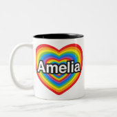Tasse 2 Couleurs J'aime Amelia. Je t'aime Amelia. Coeur (Gauche)