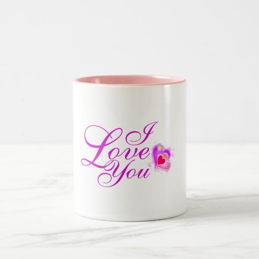 Tasse 2 Couleurs Je t'aime en texte rose avec des cœurs (Centre)