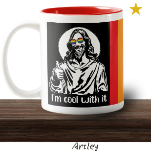 Tasse 2 Couleurs Jesus Cool Hippie Fierté Gay Pouce levé