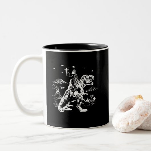 Tasse 2 Couleurs Jesus équitation Dinosaur OVNI 90s Graphique (Avec donut)