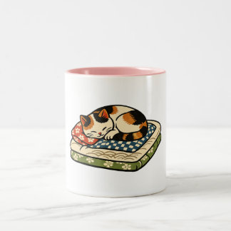 Tasse 2 Couleurs Joli chat calico endormi sur un C japonais traditi