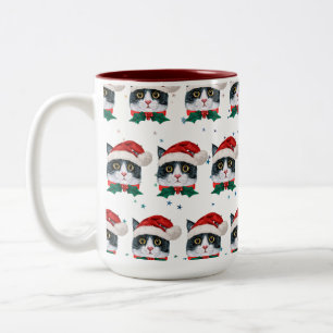 Tasse 2 Couleurs Joli chat noir et blanc avec chapeau de Père Noël