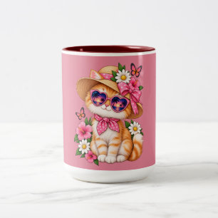 Tasse 2 Couleurs Joli Chat Orange Design Floral Papillon Été