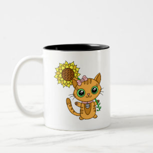 Tasse 2 Couleurs Joli chat orange Kawaii avec tournesol