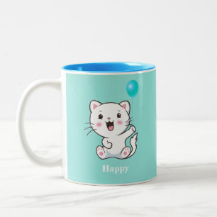 Tasse 2 Couleurs Joli chaton heureux avec ballon sur fond turquoise