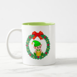 Tasse 2 Couleurs Joli Elfe de Noël vert & Couronne de Noël