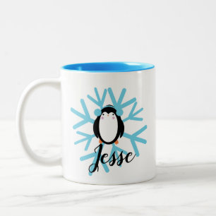 Tasse 2 Couleurs Joli manchot flocon de neige bleu nom personnalisé