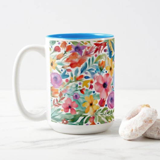 Tasse 2 Couleurs Joli modèle floral Fleur sauvage avec Monogramme (Avec donut)