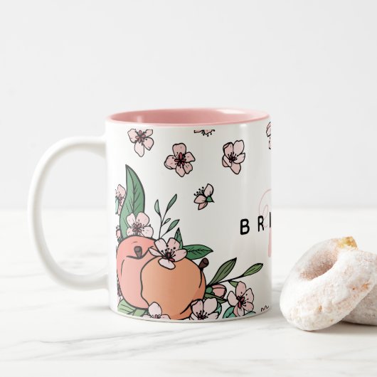 Tasse 2 Couleurs Joli Monogramme rose de pêches et de pêches (Avec donut)