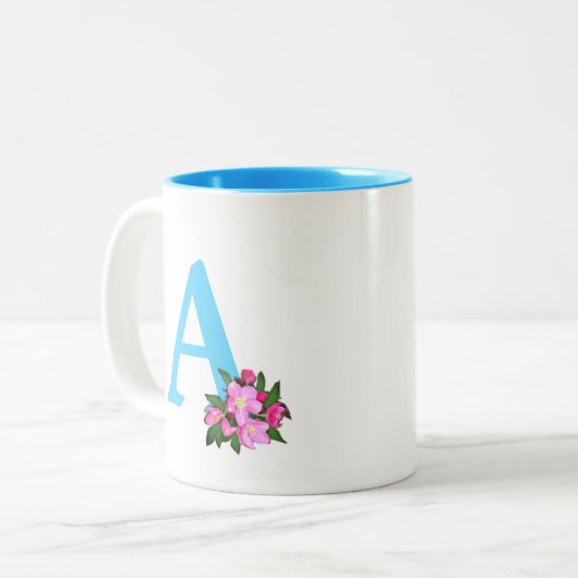 Tasse 2 Couleurs Joli monogramme turquoise avec fleurs de pomme (Devant gauche)