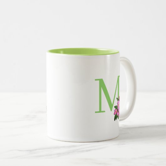 Tasse 2 Couleurs Joli monogramme vert avec fleurs de pomme (Devant droit)